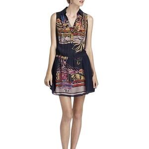 Anthropologie Leifnotes Mini Shirtdress 4 Blue Silk Scenic Floral Bohemian Artsy